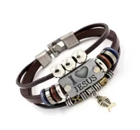 I LOVE JESUS Charm Bracelets Vintage Fish Pendant Christian Multilayer Leather Bracelets for Mens Women Bangle GD1154784691