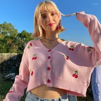 Women's Knits Cottagecore Cherry Embroidery Cardigan Women Vintage Y2k V Neck Casual Sweater 2023 Spring Autumn Fashion Indie Crop Tops