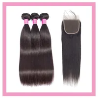 Malaysian 5x5 Lace Closure Straight 100% Human Hair 3 Bundles With 5 5 Closures Middle Three Part Double Wefts279O