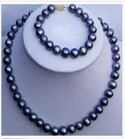 Set of 910mm Natural Tahitian Black Pearl Necklace 18quot Bracelet 758quot 14K Gold3388602