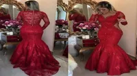 Mermaid V Neck Trumpet Lace Dresses Applique Red Evening Dress Formal Dresses Long Sleeve Prom Party Gown Beaded9665427