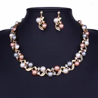 Necklace Earrings Set Colorful Imitation Pearls Crystal Neck Chain Jewelry Accessories Female For Women Wedding Engagement Gift