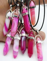 Rose Pink Purple Stripe Agate Stone Hexagon Bullet Pendant Reiki Healing Crystal Cone Point Crystal Charms Pendulum Necklace for W4814331