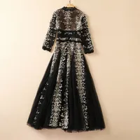 Spring V Neck Floral Embroidery Dress 3 4 Sleeve Black Polka Dot Tulle Panelled Mid-Calf Midi Casual Dresses 0.8kg S22O080114 Plus Size XXL