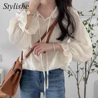 Women's Blouses Transparent Women Blouse 2023 Cute Ruffle Tops Neck Tie Long Sleeve Shirts And Female Apricot Autumn Summer Lady Top