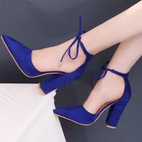 Dress Shoes 2023 European Style Pumps Pointed Thick Heel Suede Ankle Straps Ladies Nude High Sandals Women's Large Size 34 42 43