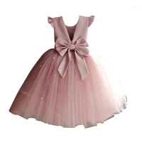 Girl Dresses Kids Dust Pink Princess Dress For Flower Girls Long With Bows Cape Sleeve Tulle Smash Ins Boutique Costume 2-10yrs