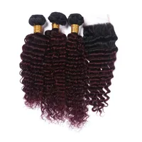 Ombre Hair With Lace Closure #1b 99j Deep Wave Curly Lace Closure With Burgundy Hair Bundles Deep Wave Human Peruvian Virgin Hair 270U