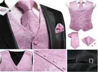 Men039s Classic Pink Paisley Jacquard Silk Waistcoat Vest Handkerchief Cufflinks Party Wedding Tie Vest Suit Set4429064
