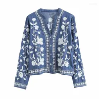 Women's Blouses Women's & Shirts Women Denim Cardigan Blouse Poncho Embroidery Drop-shoulder Kimono Button Up Jeans Soft Summer Spring
