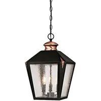 Valley Forge Three-Light Outdoor Pendant, Matte Black Finish with Washed Copper Accents and Clear Seeded Glass