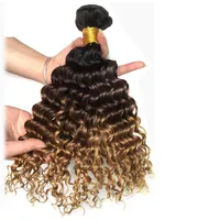 3 Tone 1B 4 27# Deep Curly Dark Brown Blonde Human Hair Weave Bundles Whole Colored Brazilian Ombre Human Hair Extension Deals2758