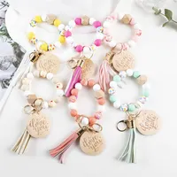 Keychains Fashion Flower Print Silicone Bead Keychain Pendant Round Wood Chip LOVED Letters Bracelet Key Chains Jewelry Gifts
