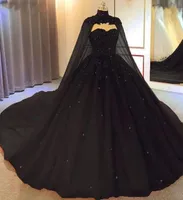 2021 Black Ball Gown Gothic Wedding Dresses With Cape Sweetheart Beaded Tulle Princess Bridal Gowns Non White Plus Size Corset Bac3555263