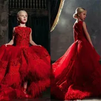 Red High Low Girls Pageant Dresses 3D Floral Appliques Lace Feathers Sweep Train Party Birthday Gowns Flower Girl Dress For Weddin5249945