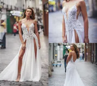 Spaghetti Strapless Boho Wedding Dresses with Thigh High Slits 2020 Lace Applique Beach Wedding Gowns Sexy Robe De Mariee7091945