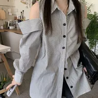 Women's Blouses QWEEK Vintage Women Stripe Shirt Y2k Oversized Korean Fashion Off Shoulder Elegant And Youth Chic Long Sleeve Lady Top