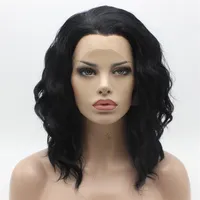 Iwona Hair Natural Wavy Medium Long Jet Black Wig 17#1 Half Hand Tied Heat Resistant Synthetic Lace Front Wig219M