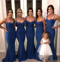 Royal Blue Satin Mermaid Bridesmaid Dresses 2019 Spaghetti Straps Ruched Wedding Guest Gowns Maid Of Honor Dress Plus Size BM09188883335