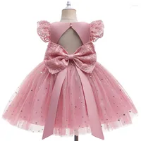 Girl Dresses Toddler Girls Birthday Lace Dress Shiny Party Gown For Children Kids Cartoon Back Leak Vestido With Big Bows Fashion Clothes
