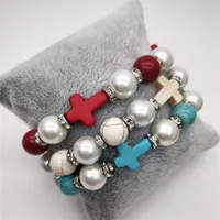 Strand Exquisite Flash Rhinestone Pearl Cross Beaded Bracelet For Women Girl Christian Souvenirs Fashion Wristband Accessories