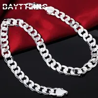 BAYTTLING 925 Silver 18 20 22 24 26 28 30 inches 12MM Flat Full Sideways Cuba Chain Necklace For Women Men Fashion Jewelry Gifts246O