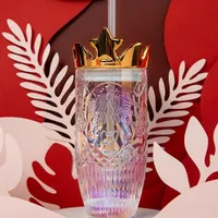 The New Starbucks Valentine's Day dazzle colour Crown glass straw cup 430ML Relief Mermaid logo Coffee mug 18oz Ice cup2429