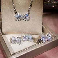 Necklace Earrings Set Princess Bow Jewelry Cubic Zirconia Brilliant Rings Stud For Women Bridal Wedding Gifts