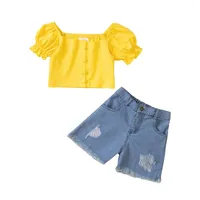 Clothing Sets 2Piece Summer Kids Set Toddler Girl Clothes Fashion Cute Puff Sleeves Yellow T-shirt Denim Shorts Baby Boutique Outfits