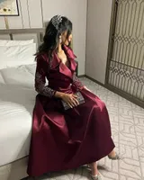 Party Dresses Dark Red Vintage Evening Dresses Silk Satin Arabic Women Formal Party Long Sleeves V Neck Tea Length Prom Gowns Garm 230325