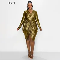 Plus size Dresses Perl V Neck Irregular Hem Fashion Pleated Long Sleeve Dress Plus Size Women Clothing Oversized Party Outfit 4xl 5xl 230325