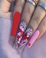False Nails 24Pcs Long Red Pink Heart Design Coffin Wearable French Ballerina Fake Full Cover Nail Tips Press On2123388