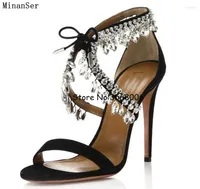 Sandals Open Toe Lace Up Rhinestone Suede High Heels Shoes Bling Crystal Women Thin Pump Wedding Party Dress