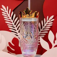 The New Starbucks Valentine's Day dazzle colour Crown glass straw cup 430ML Relief Mermaid logo Coffee mug 18oz Ice cup271e
