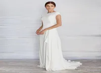Simple Aline Crepe Wedding Dress Modest With Cap Sleeves High Neck Sweep Train Women Informal Boho Beach Bridal Gowns Bride Robe 5690950