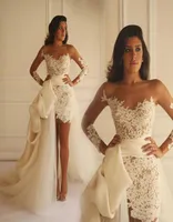 Maison Yeya Short Lace Wedding Dresses with Detachable Train 2021 Illusion Long Sleeve Sheer Neck Holiday Bridal Two Pieces Weddin3022835