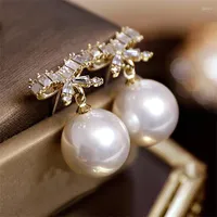 Dangle Earrings Fashion Korea Bow Shining Zircon Drop Earring Pearl Pendent Luxury Women CZ Bride Wedding Jewelry Christmas Gift