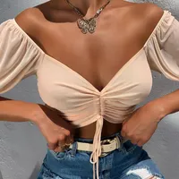 Women's Blouses 2023 Drawstring Ruched Sexy Blouse Women Puff Sleeve Crop Top Off Shoulder Sheer V-Neck Tops Shirts Short Streetwear