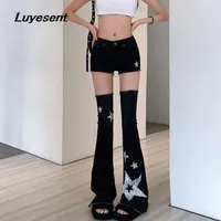 Women's Jeans Female Black Gothic Denim Shorts With Long Socks Y2k Girl Stars Print High Waist Flare Jeans Leg Warmers Korean Fashion Clothes 230325