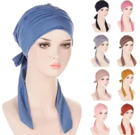PreTied Muslim Women Inner Caps Stretch Hijabs Long Tail Bow Head Scarf Chemo Cancer Turban Femme Hair Loss Cap Headwrap Cover5148344