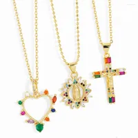 Pendant Necklaces FLOLA Rainbow Crystal Virgin Mary For Women Copper CZ Rhinestone Cross Religious Jewelry Gifts Nkep23