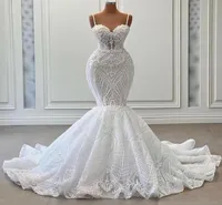 Fancy Pearls Mermaid Wedding Dresses Lace Appliques Spaghetti Straps Bridal Gown Custom Made Sleeveless New Design Wedding Gowns8163876