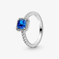 New Brand 100% 925 Sterling Silver Blue Square Sparkle Halo Ring For Women Wedding Rings Fashion Jewelry328v