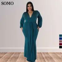 Plus Size Dresses Maxi Long Fashion Solid Color Elegance Sexy v Neck Dress Chic Party Wears Wholesale Dropshipping 230307