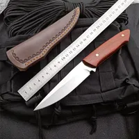 1Pcs New Survival Staight Hunting Knife 7Cr17 Satin Drop Point Blade Full Tang Wood Handle Fixed Blade Knives With Leather Sheath266a