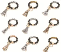 Fashion Black Frosted Wooden Bead Bracelet Keychain key chain Pattern Tassel Pendant Bracelets Women Girl Key ring keyring Wrist S6565051