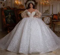 Luxury Beading Ball Gown Wedding Dresses Dubai Arabic Royal Train Lace Sequined Bride Dress Aibye Bridal Gowns 2021 Vestido De Noi9476290
