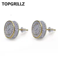 TOPGRILLZ Gold Silver Color Iced Out Cubic Zircon Round Stud Earring With Screw Back Buckle Men Women Hip Hop Jewelry Gifts251B
