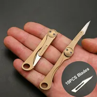 Outdoor EDC Brass Mini Keychain Pocket Folding Knife Utility Knife Surgical Knife with 10 Pcs #11 Replaceable Blades260f