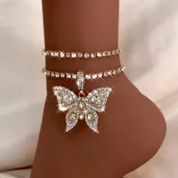 Anklets Bling Full Rhinestone Tennis Chain Butterfly Anklet For Women Punk Crystal Animal Ankle Bracelet Beach Barefoot Sandals Jewelry